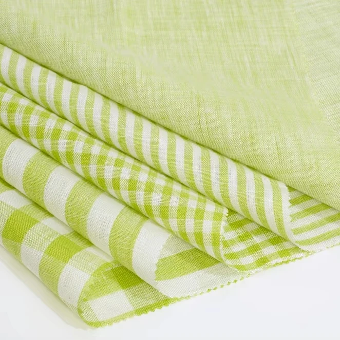 Wholesale Green Gingham Linen Shirt Fabric 144gsm 137CM Sustainable Lightweight Woven Yarn Dyed 100% Linen Fabric  for Clothing
