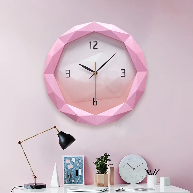 

New Arrival Simple Modern Style Stylish Geometric Shape Carved Design Living Room Decorative Art Wall Clock, Purple blue pink