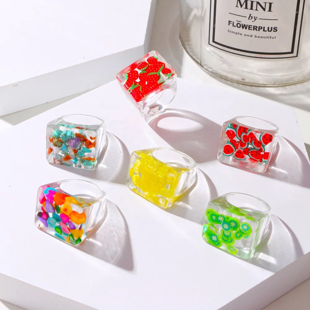 

2021 New Trendy Colorful Transparent Square Acrylic Rings Jewelry White Korean Fruit Filled Resin Rings for Women Gifts