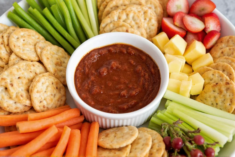 Assorted serving platter with pepper jam dip surrounded by crackers, vegetables, and cheese cubes