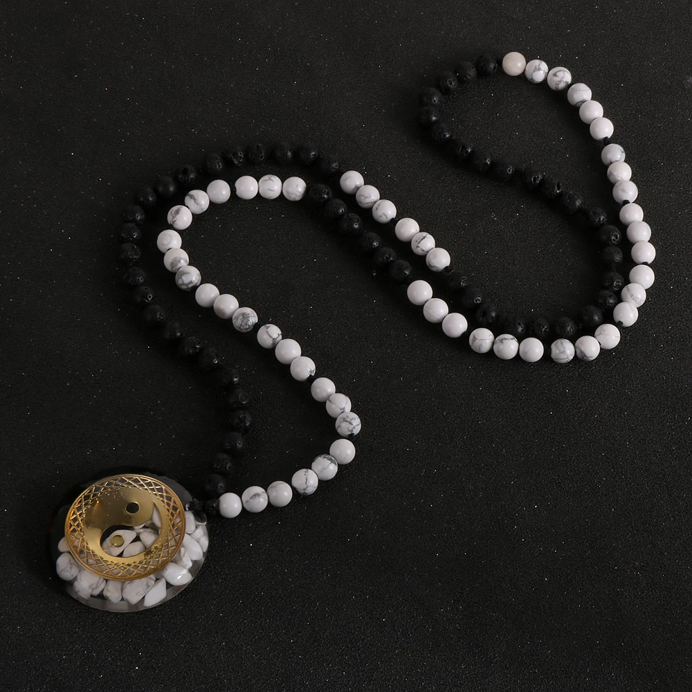 

8mm Natural Black Lava Stone White Turquoise Bead Mens Rosary Religious Feng Shui Tai Chi Yin Yang Pendant Oronge Necklace