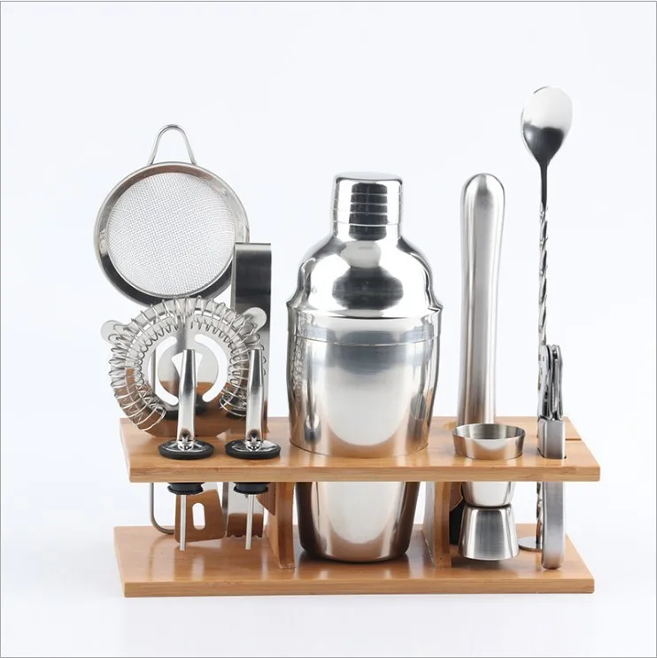 

11 bartending kit silver color metal stainless steel cocktail shaker set with bamboo stand 360