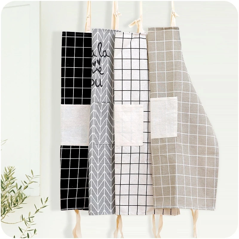 

1Pcs Plaids Striped Cotton Linen Apron Woman Adult Bibs Home Cooking Baking Coffee Shop Cleaning Aprons Kitchen Accessory, As the picture