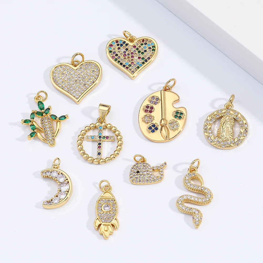

Gold Plated Necklace Jewelry Cz Charms Tiny Heart Pendant Moon Phase Pendant Small Cross Charm Jewelry Making Charms