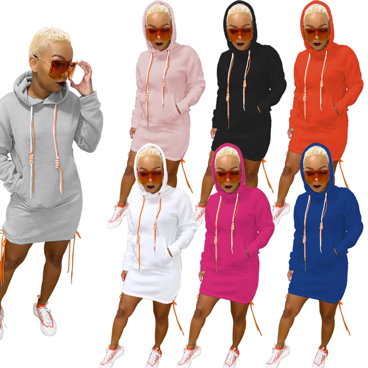 

Women Fashion Casual Autumn Bodycon Colorful Drawstring Hoodies Sweatshirt Female Casual Hoodie Dress, Customized color