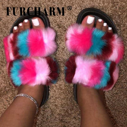 

Wholesale fashion ladies artificial fox fur slippers and wallet set, White/ black/ dark green /red wine / light gray /raccoon color