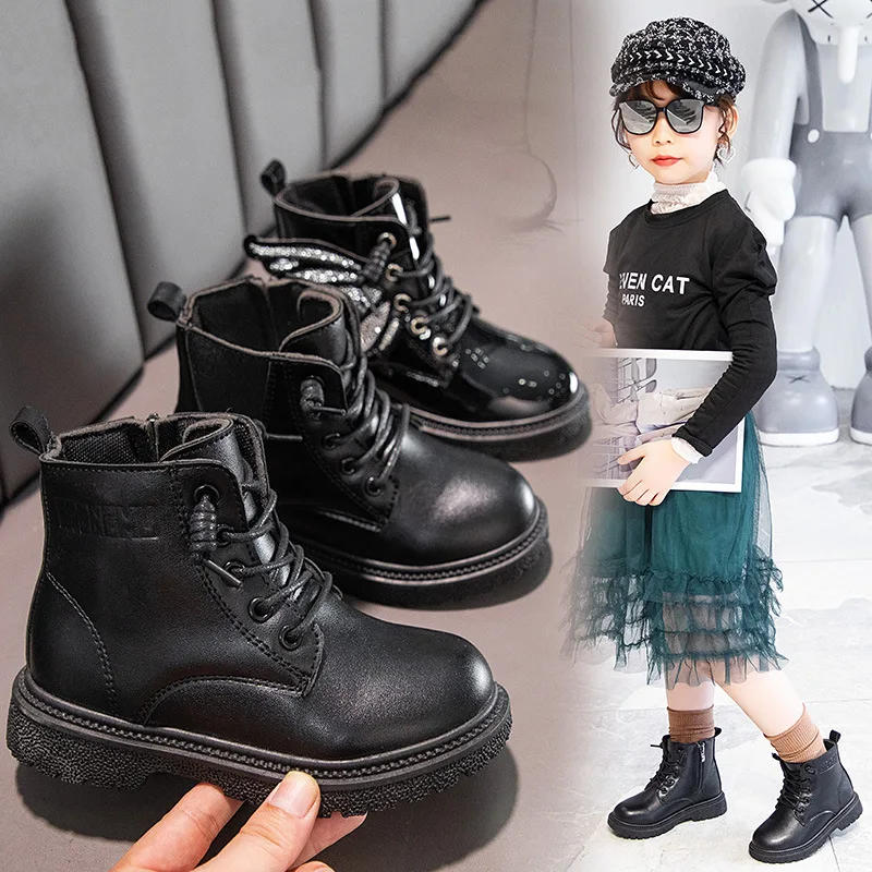 

Girls Ankle Low Soft Sole Comfortable Black Leather Boots New British WindNet Red Martin Side Zipper Boys' Fashion