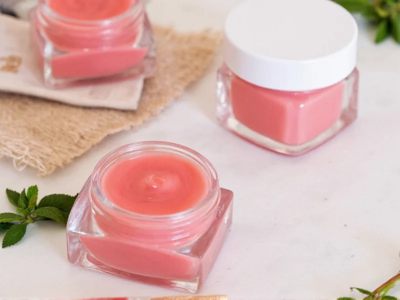 Homemade lip cream in glass jars with natural ingredients