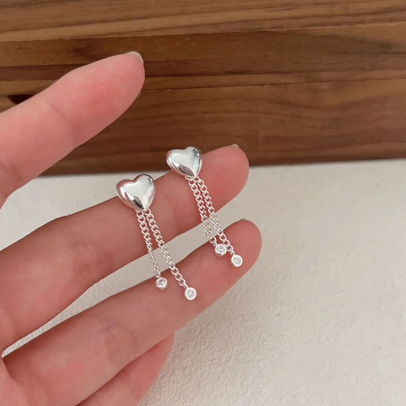 Unique Design 925 Sterling Silver Double Tassel Chain Heart Shape Drop Earrings for Women Gifts Jewelry