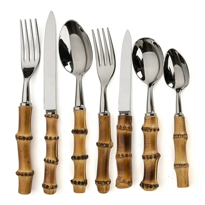 

Noble and exquisite handwork real natural bamboo handle cutlery set SS18/10 stainless steel silverware set 7pcs, Silver