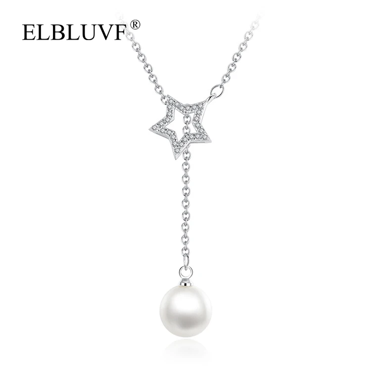 

ELBLUVF S925 Silver Plated New Arrive Star Zircon Shape Long Tassel Pearl Pendant Necklace, Steel color