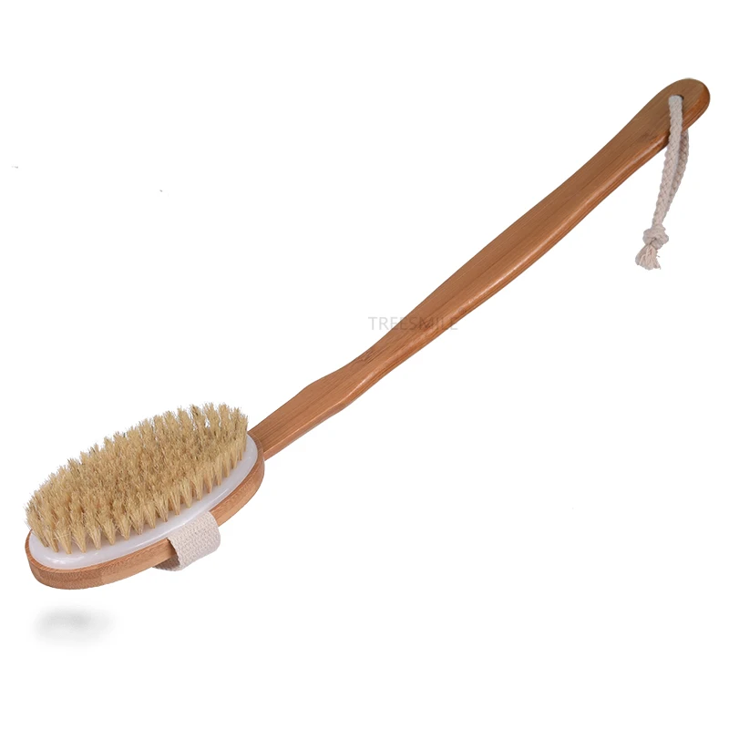 

TREESMILE long curved handle bath brush bamboo chosen bristle Massage body dry brush OEM logo Natural brushes high quality