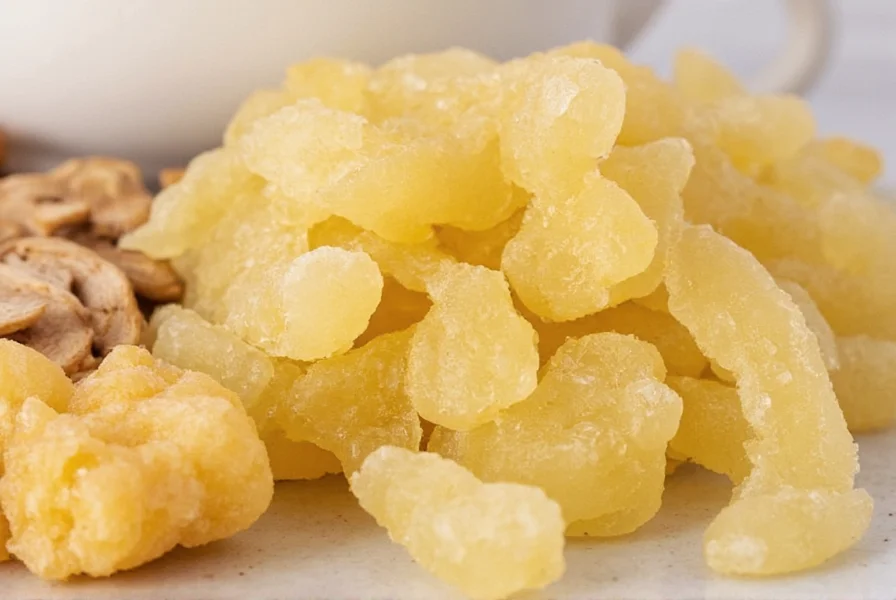 Step-by-step preparation of homemade crystallized ginger showing simmering, coating, and drying stages
