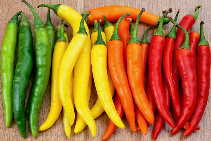 Colorful array of different chilli pepper varieties showing progression from mild to extremely hot types