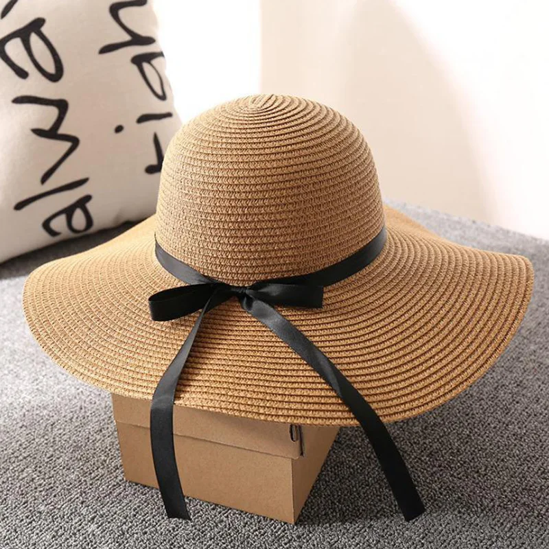 

Summer Hot Factory Price Wholesale Big Brim Foldable Sun Hat For Women Straw Hats Beach Hat With Bowknot