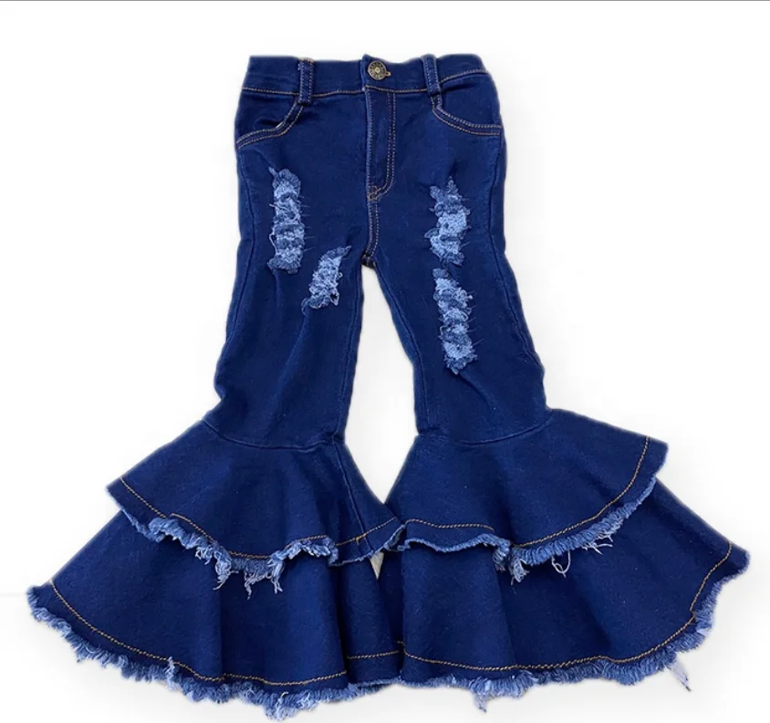

Baby Girls Blue Distressed Denim Ripple Double Flare Bell Bottom Jeans for Spring Autumn, As pic