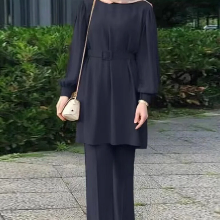 

Hot selling dubai clothes muslim solid color round neck long sleeve belt rubber band waist top and pants women 2 piece set