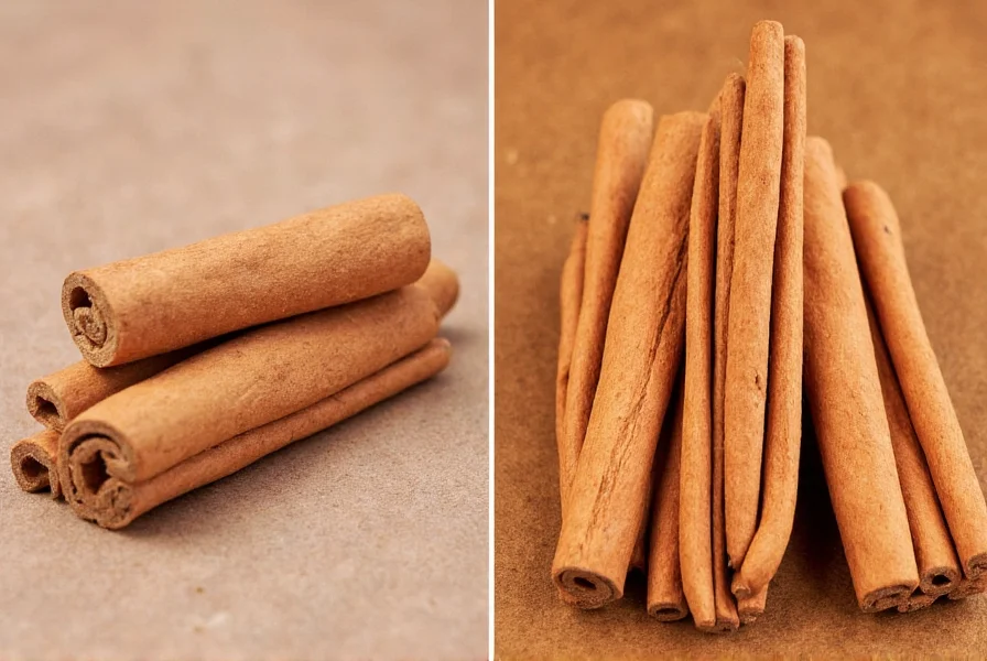 Side-by-side comparison of Cassia cinnamon sticks (thick, single卷) versus Ceylon cinnamon sticks (thin, multiple layered卷)