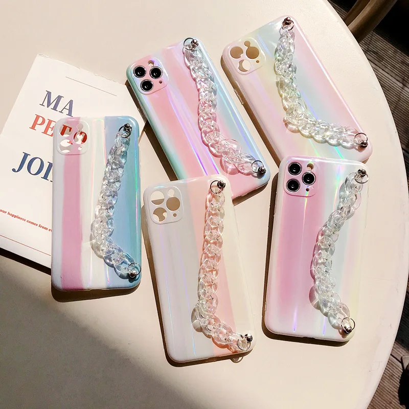 

Colorful Laser Rainbow Phone Case with Strap for iPhone 11 Pro Max