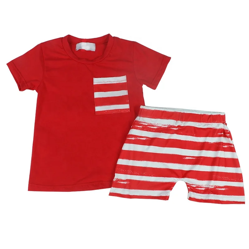 

Baby boys cotton clothing set red T-shirt and stripe shorts boy's shorts set beach wear holiday summer, Customized color