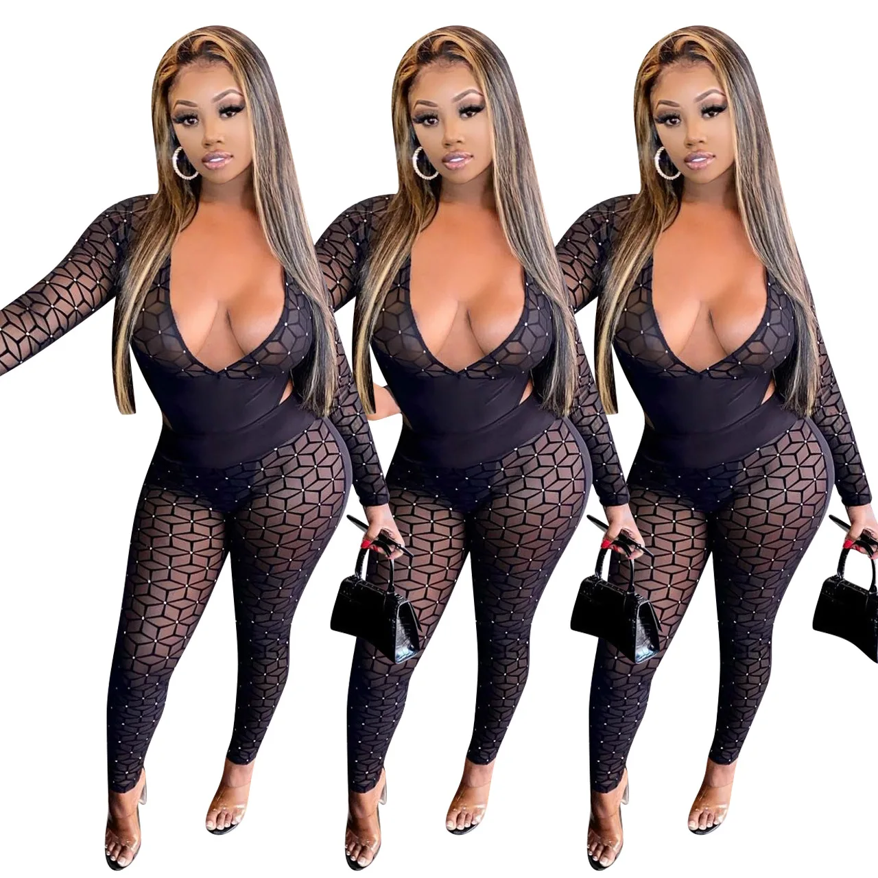 

Women Clothing 2021 Sexy Two Piece Set Outfitsuit Long Sleeve Sexy Bodycon Mesh Sheer Two Piece for Woman See Through