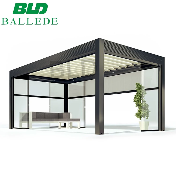 

Motorized adjustable automatic aluminium electric pergola with sliding glass door, Refer to ral colors swatch or customized colors available