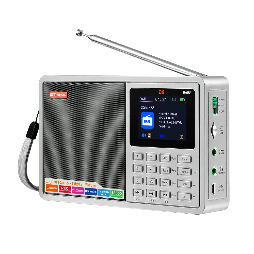 

GTMDIA D2 Portable FM DAB+ Radio FM Multi Band Radio Speakers with 2.4 inch LCD Display Alarm Support Micro SD TF Card
