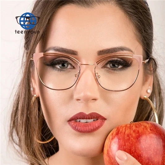 

Teenyoun Eyewear Fashion Design Optical Anti Blue Ray Lens Eyeglasses Retro Cat Eye Full Metal Glasses Frame Eyeglass For Women