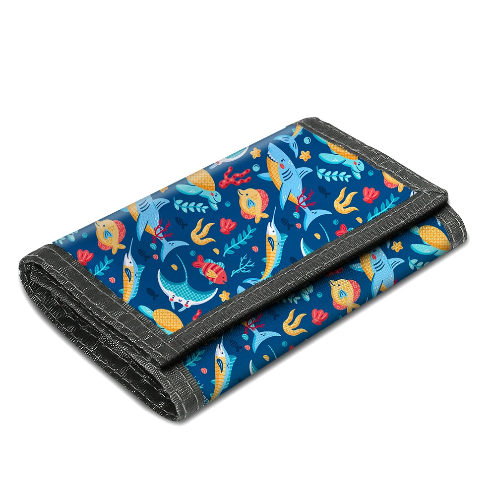 

Amazon Hot sell Custom design print on demand cute shark pattern manufacturer zipper money clip children kids coin purse wallet