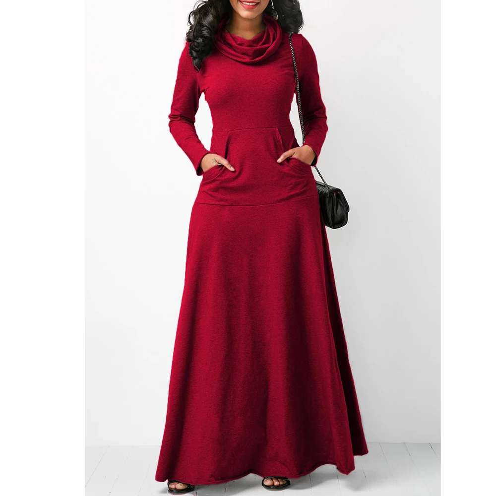 Wholesale Women Winter Long Sleeve High Neck Pocket Slim Knit Dress