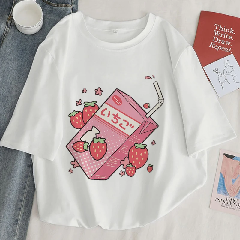 

Japan Strawberry Juice Graphic Print T-Shirt Women 2021 New Summer Fashion Tshirt Tee Harajuku Aesthetic Pink Top Female T Shirt, Pink,white,gray,yellow