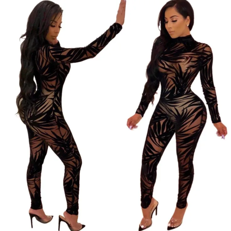 

Women's long sleeve one piece bamboo leaf mesh sheer lace Jumpsuit sexy club