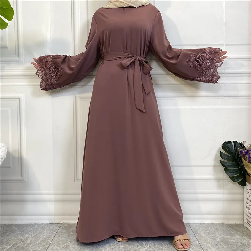 Lace Abaya Elegant Modest Dubai Long Sleeve Flower Dress Islamic Muslim Clothing Front Top Zipper Nida Abaya