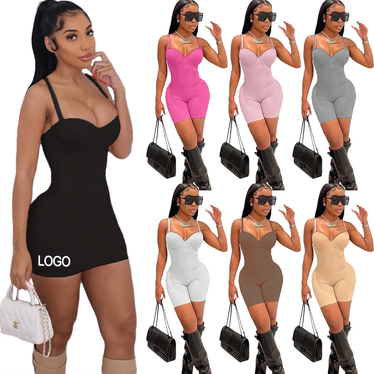 

Pink adult custom logo active womens short jumpsuit stage show women one piece jumpsuits with back out dress bodysuit, Customized color