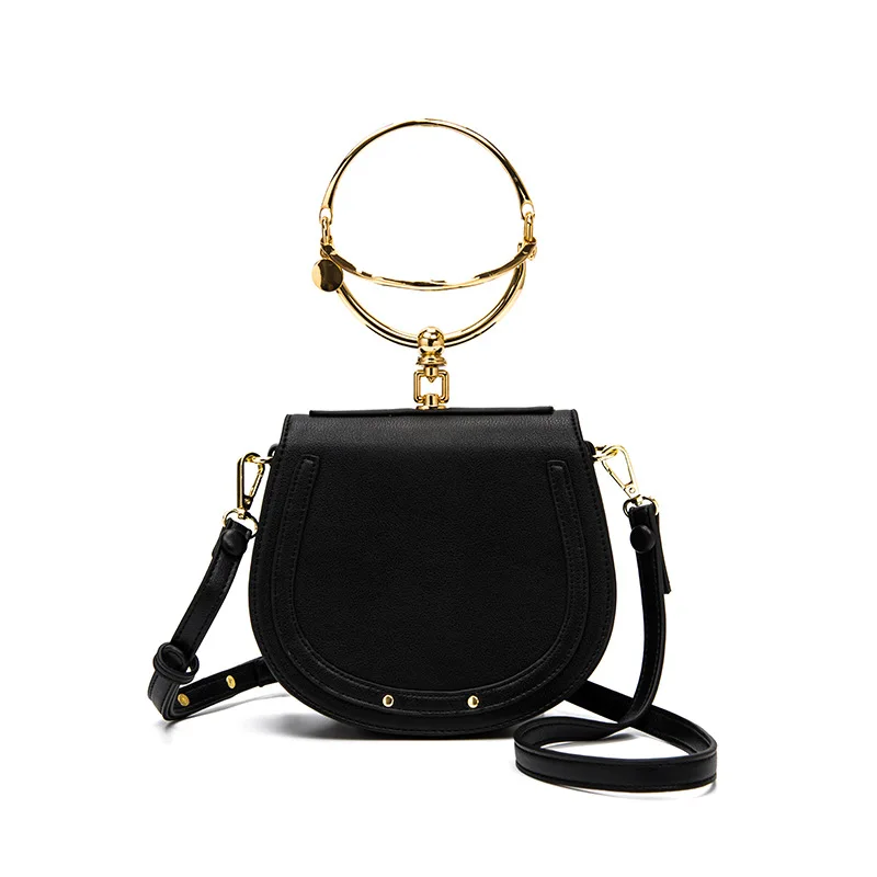 

2019 ins Fashion round shape Circle handle pure color pu bag women hand bag, Black