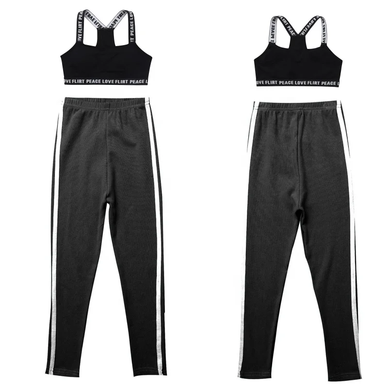 

Puberty Girls Soft Padded Cotton Wide Elastic Shoulder Straps X-Shaped Back Black Stretch Leggings Sport Suits yoga set