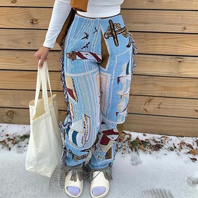 

2021 Fall Winter Fashion Clothing Printed Side Tassel Long Pants Elastic Waisted Plus Size Casual Streetwear Sweatpants Trousers, Red,light blue,pink