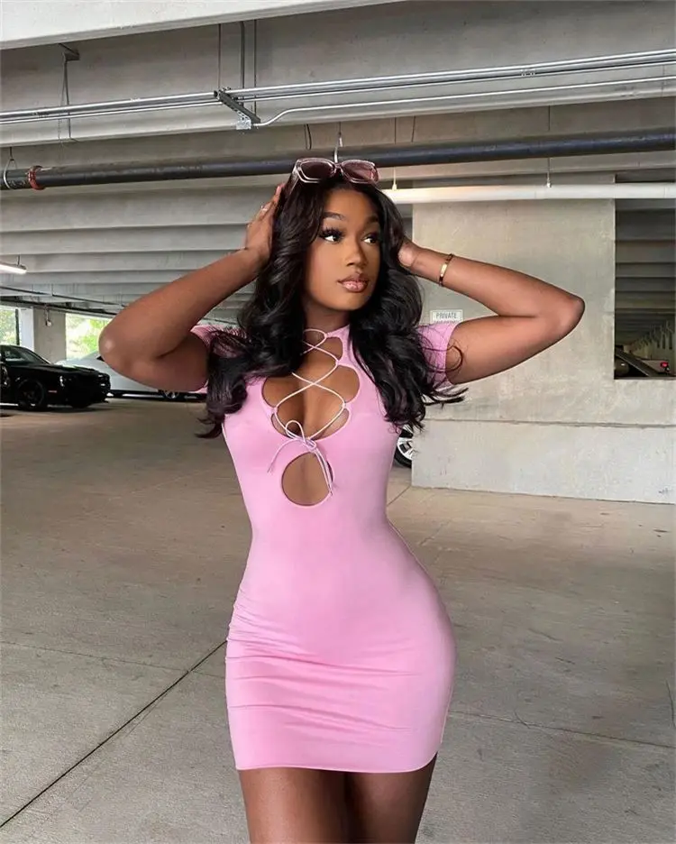 

MISS New Arrival Short Sleeve Hollow Out Bandage Summer Casual Women Solid Color Pink Women Short Mini Dress