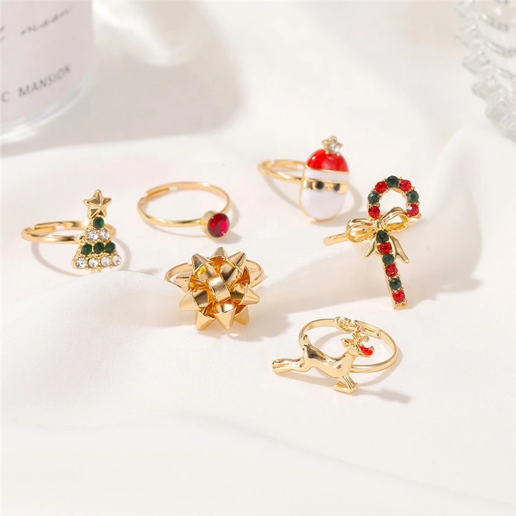 

6Pcs Christmas Crystal Rhinestone Santa Claus Adjustable Rings For Women Charm Ring Jewelry Rings For Women, Picture color
