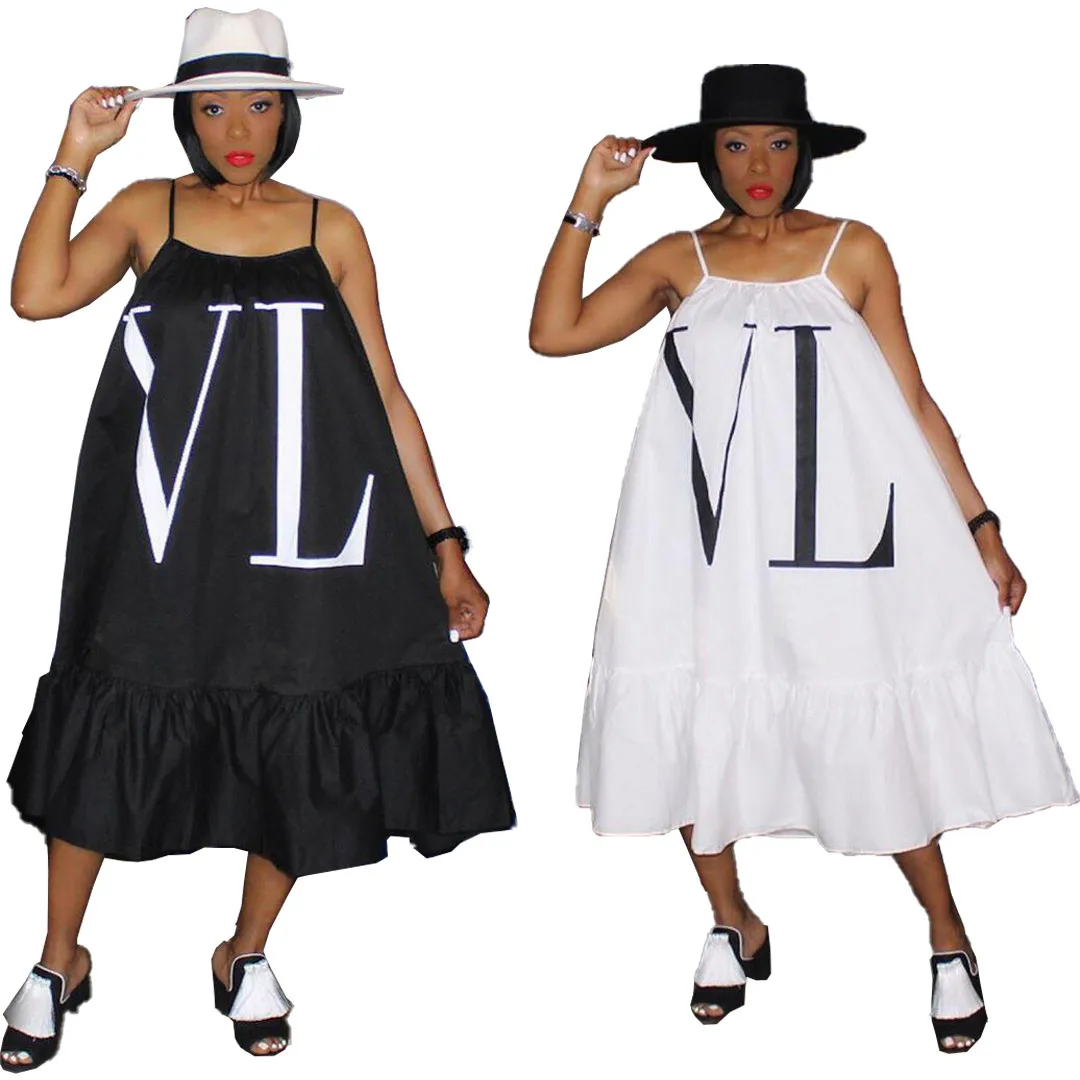 

Black white two colors dress letter VL pattern maxi long dress women loose strap dress with a belt