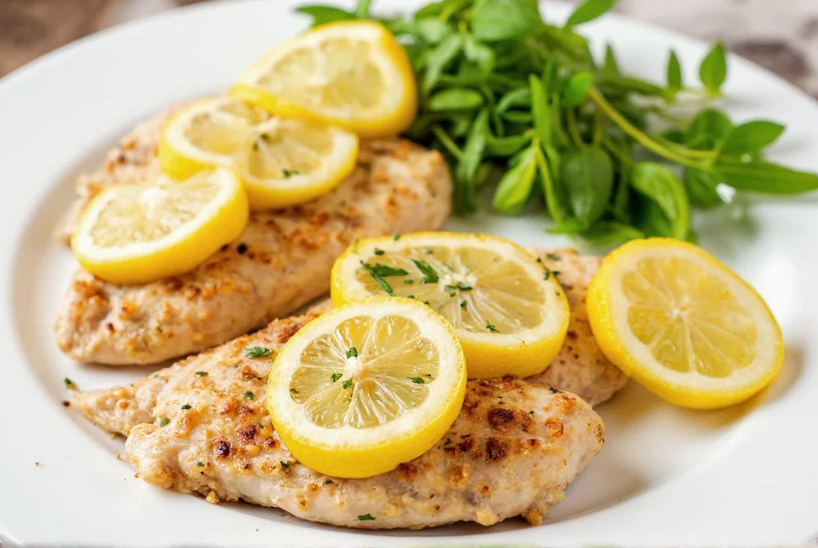 Perfectly cooked lemon pepper chicken breasts with lemon slices and fresh herbs on a white plate