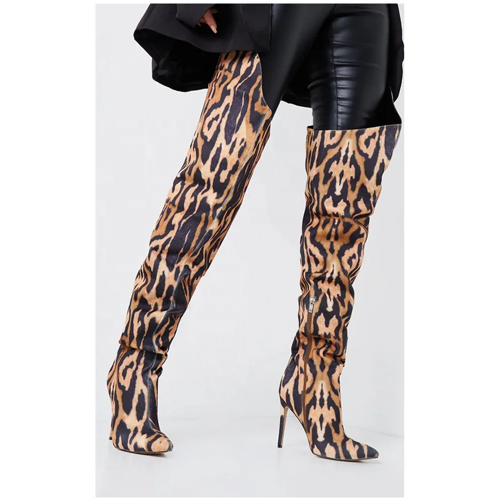 

Hot Style Leopard Printing Suede Thigh Boots Wide Width Fashion High Heel Ladies Dress Shoes Women's Over Knee Sexy Party Boots