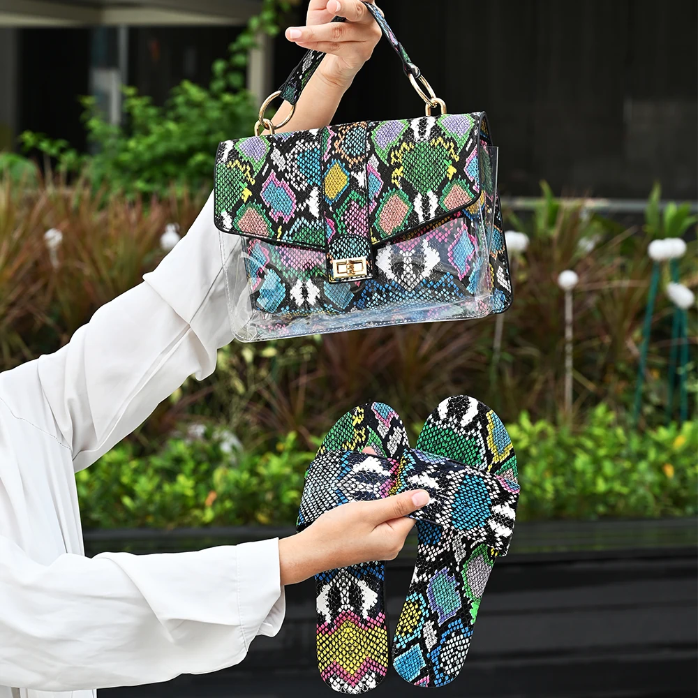 

2020 ladies matching shoe and bag set women shoes and bags match fashion slippers, Snake pattern