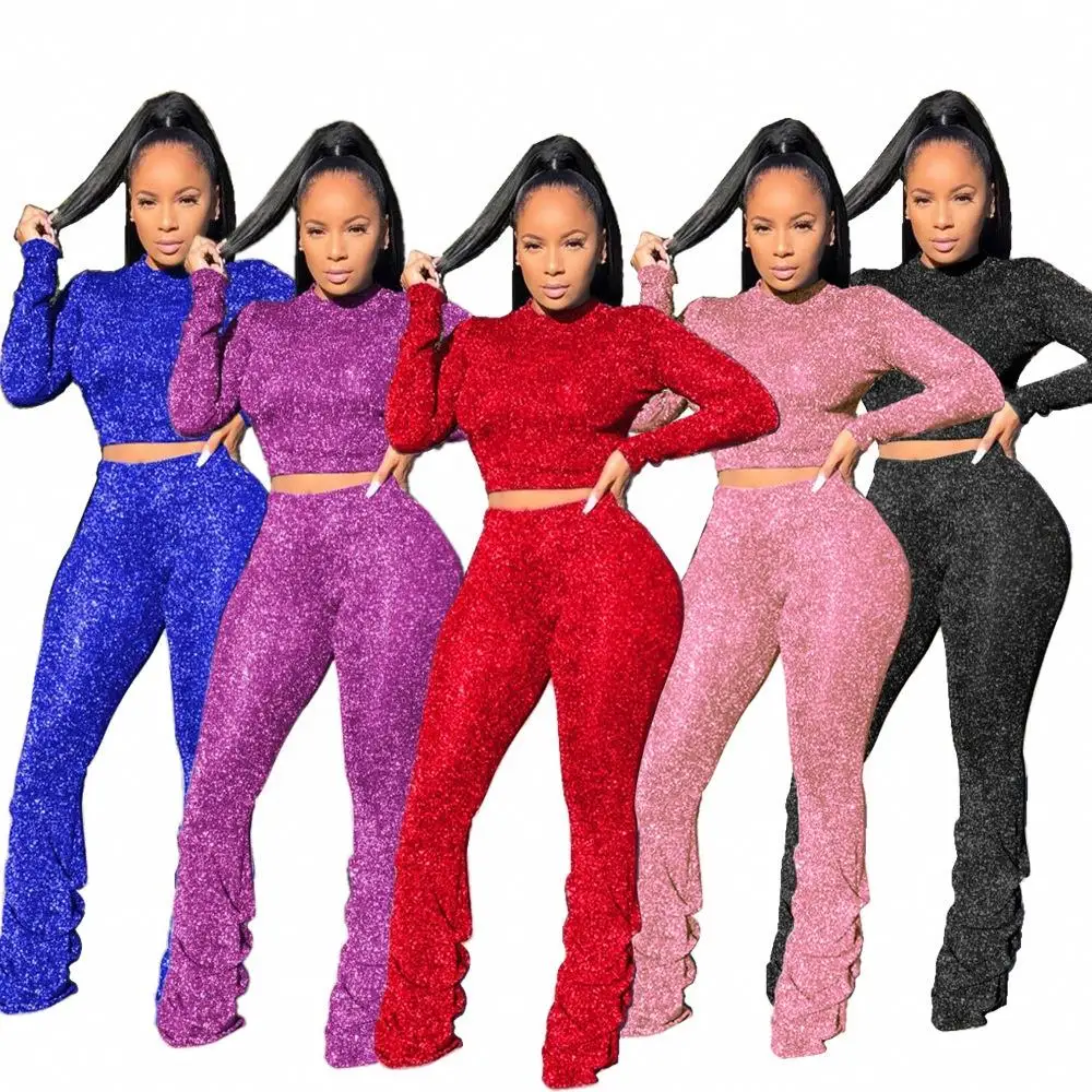 

2020 Autumn Apparel Sexy Pink Outfit Spandex Jogging Suit Women 2 Piece Stacked Pants Set