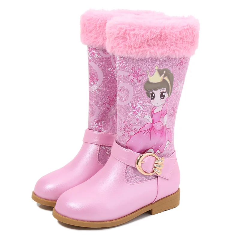 

2021 New Style Girls Winter High Heel Boots with Princess elsa Print Microfiber Leather Artificial Fur