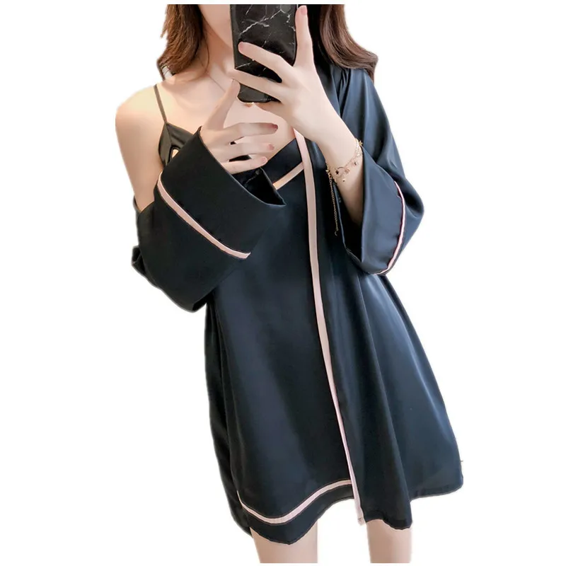 

European and American Spring and Autumn Women's Silk Satin Suspender Nightgown Simple Natural Pajamas Two Piece Suit