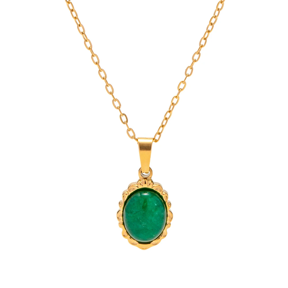 

Fancy Oval Irregular Shape Titanium Steel Pendant Necklace 18K Gold Plated Stainless Steel Green Agate Stone Necklace