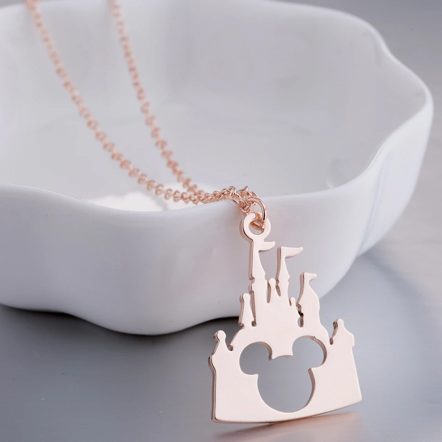 

Trendy Non Tarnish Silver 18K Gold Plated Stainless Steel Minnie Mouse Castle Mickey Head Pendant Necklace Jewelry For Women