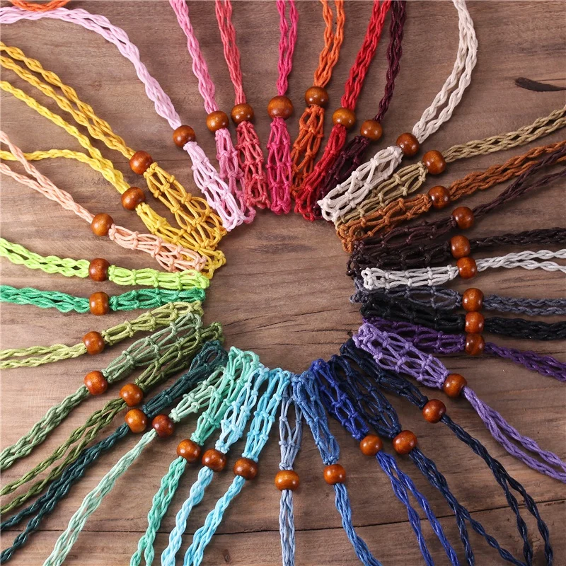 Boho Wax Cord Empty Holder Necklace For Gemstone Crystal Quartz Raw Stone Pendant Adjustable Macrame Hemp Pouch Net Necklace