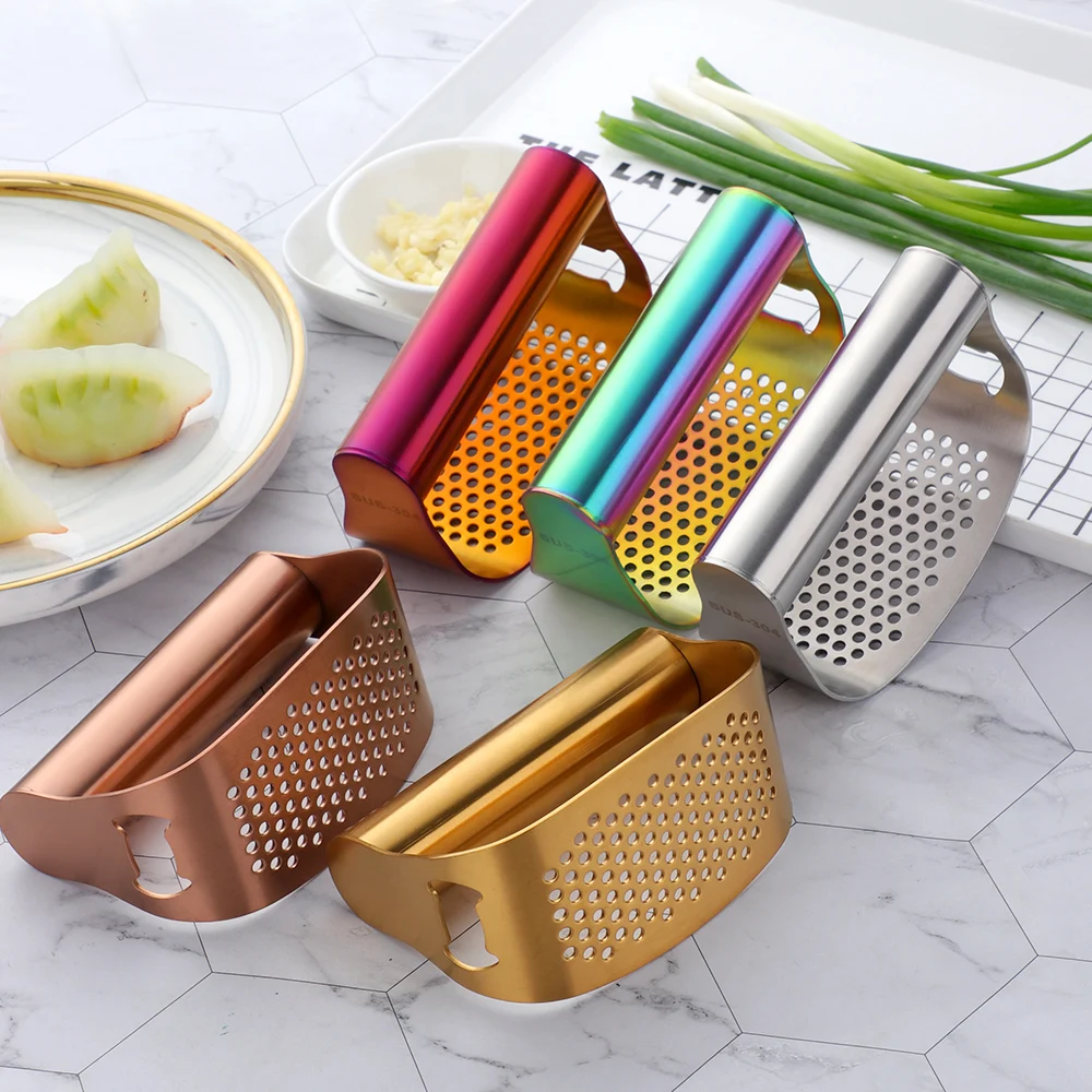 

Kitchen accessories Gadgets Garlic Press Rocker Stainless Steel Garlic Mincer Crusher and Peeler with Opener, 5 colors